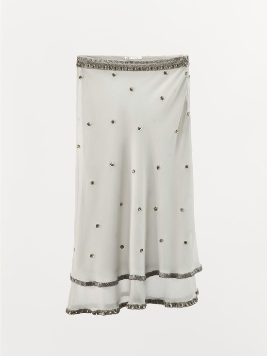 Zara Dresses & Skirts - White Midi Skirt with Silver Embellished Trim